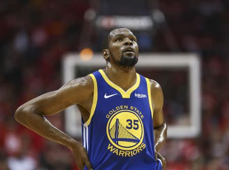 FILE PHOTO: May 6, 2019; Houston, TX, USA; Golden State Warriors forward Kevin Durant (35) reacts after a play during the third quarter against the Houston Rockets in game four of the second round of the 2019 NBA Playoffs at Toyota Center. Mandatory Credit: Troy Taormina-USA TODAY Sports