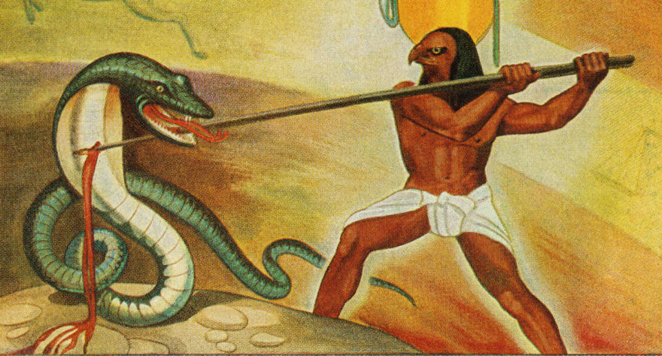 Apophis is depicted as a giant serpent fighting Ra, the sun god, in an Egyptian artwork.