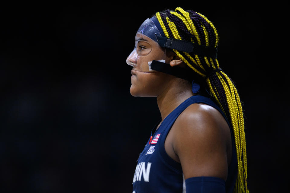 INDIANAPOLIS, IN - JANUARY 03: UConn Huskies forward Aaliyah Edwards (3) looks down the court during the women's college basketball game between the Butler Bulldogs and UConn Huskies on January 3, 2023, at Hinkle Fieldhouse in Indianapolis, IN. (Photo by Zach Bolinger/Icon Sportswire via Getty Images)