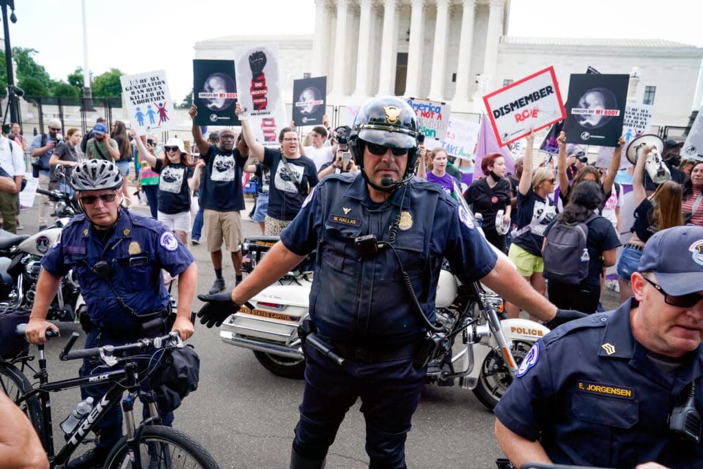 Jun 24, 2022; Washington, DC, USA; Protests at U.S Supreme Court as people wait for decision in Dobbs v. Jackson Women’s Health Organization which is among the remaining cases on the Supreme Court docket before the term ends at the end of June. Jack Gruber-USA TODAY