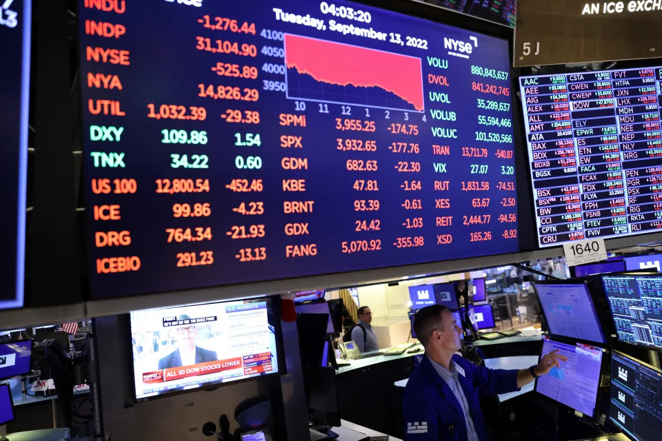 A screen on the trading floor displays the Dow Jones Industrial Average (DJI) as a trader works at the New York Stock Exchange (NYSE) in Manhattan, New York City, U.S., September 13, 2022. REUTERS/Andrew Kelly