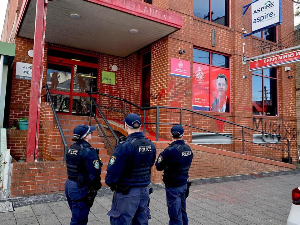 SYDNEY, AUSTRALIA - NewsWire Photos - 03 JUNE, 2024: The offices of NSW Premier Chris Minns in Kogarah are pictured covered with red "blood" paint and the word 'murder' spray-painted on the side of the building. Local NSW Police established a crime scene and are investigating. Picture: NewsWire / Nicholas Eagar