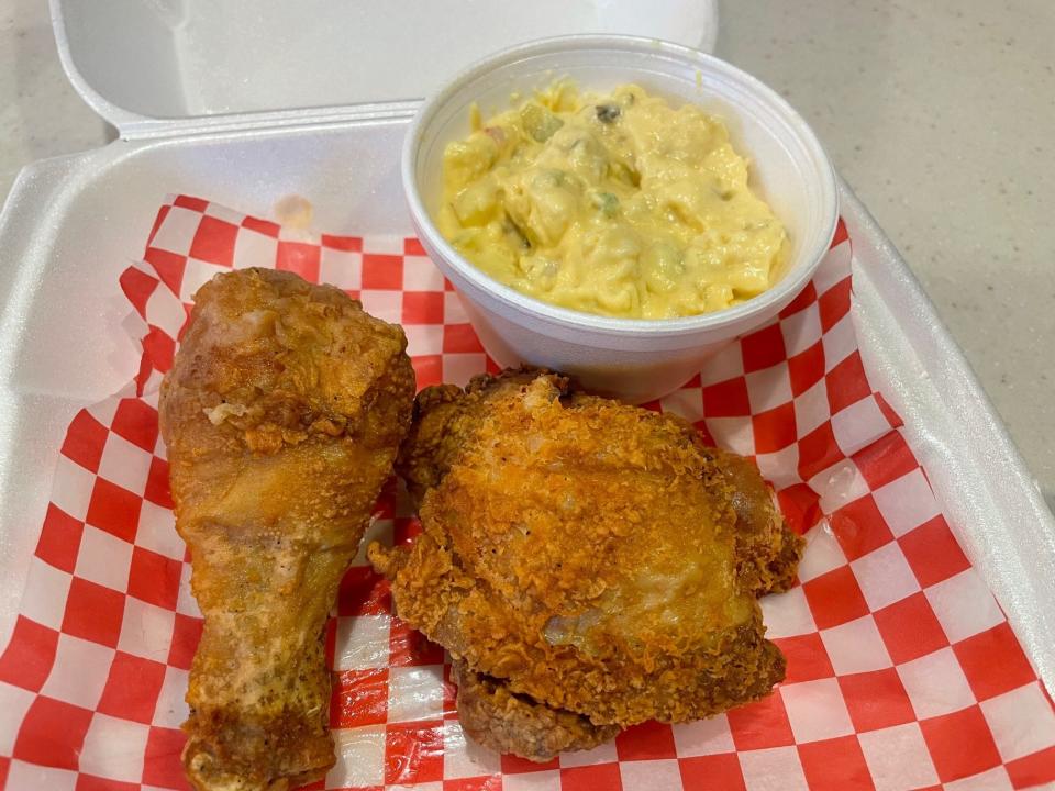 Fried chicken and potato salad from Mama and Son Soul Food.