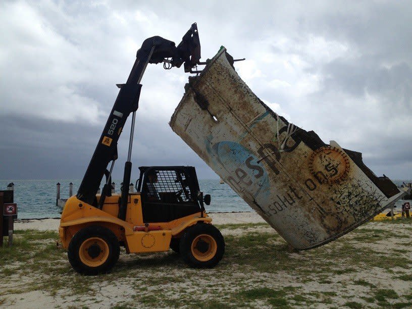 Two marine researchers kayaking in the Florida Keys on the Fourth of July came across a surprising find: a piece of space junk launched from over 2,000 miles away. (Photo: National Park Service)  <a href="http://www.huffingtonpost.com/2013/07/09/ariane-rocket-parts-florida-keys_n_3568214.html?utm_hp_ref=unearthed" target="_blank">Read more here</a>