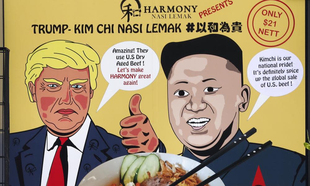Caricatures of US president Donald Trump and North Korean leader Kim Jong-un feature on an ad for the ‘Trump-Kim Chi nasi lemak’ rice dish at a mall in Singapore.