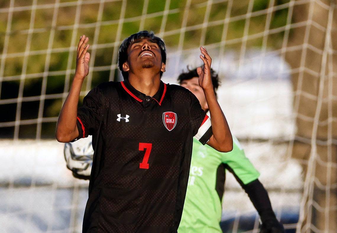 Diamond Hill-Jarvis’ Alejandro Ibarra celebrates the teams first goal during a UIL Class 4A Regional Quarterfinal soccer game at Kangaroo Stadium in Weatherford Texas, Tuesday Apr 02, 2024. Diamond Hill led 2-0 at the half. Bob Booth/Special to the Star-Telegram