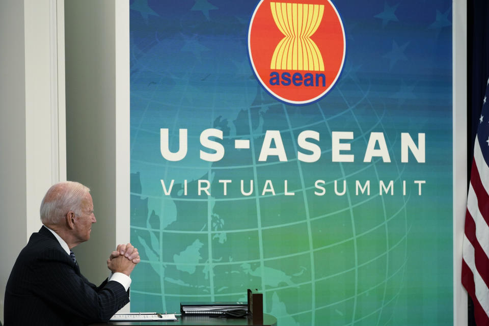 President Joe Biden participates virtually in the U.S.-ASEAN Summit from the South Court Auditorium on the White House complex in Washington, Tuesday, Oct. 26, 2021. It is the first time the United States has participated in the 10-member Association of Southeast Asian Nations since 2017, when President Donald Trump participated in the summit. (AP Photo/Susan Walsh)