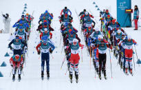 <p>Cross-Country skiers start in the Men’s 15km and 15km Skiathlon Cross-Country Skiing on day two of the PyeongChang 2018 Winter Olympic Games at Alpensia Cross-Country Centre on February 11, 2018 in Pyeongchang-gun, South Korea. (Photo by Matthias Hangst/Getty Images) </p>