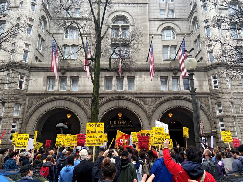 Anti-war protestors gather near Trump International Hotel to condemn the U.S. air strike that killed Iranian military commander Qassem Soleimani, in Washington