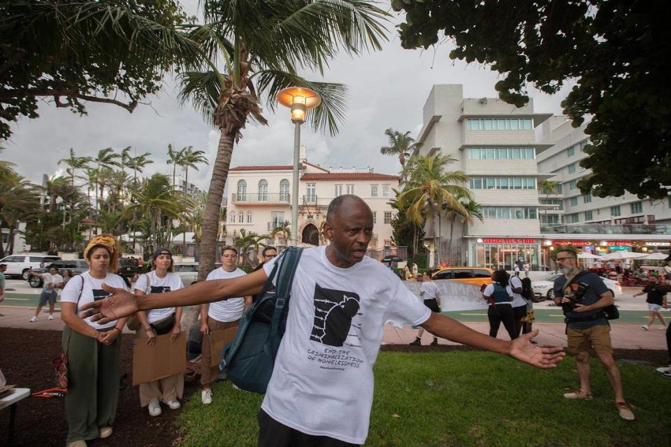 David Peery addresses demonstrators during a protest in solidarity with Miami-Dade’s homeless residents on Saturday August 3rd, 2024 in Miami Beach.