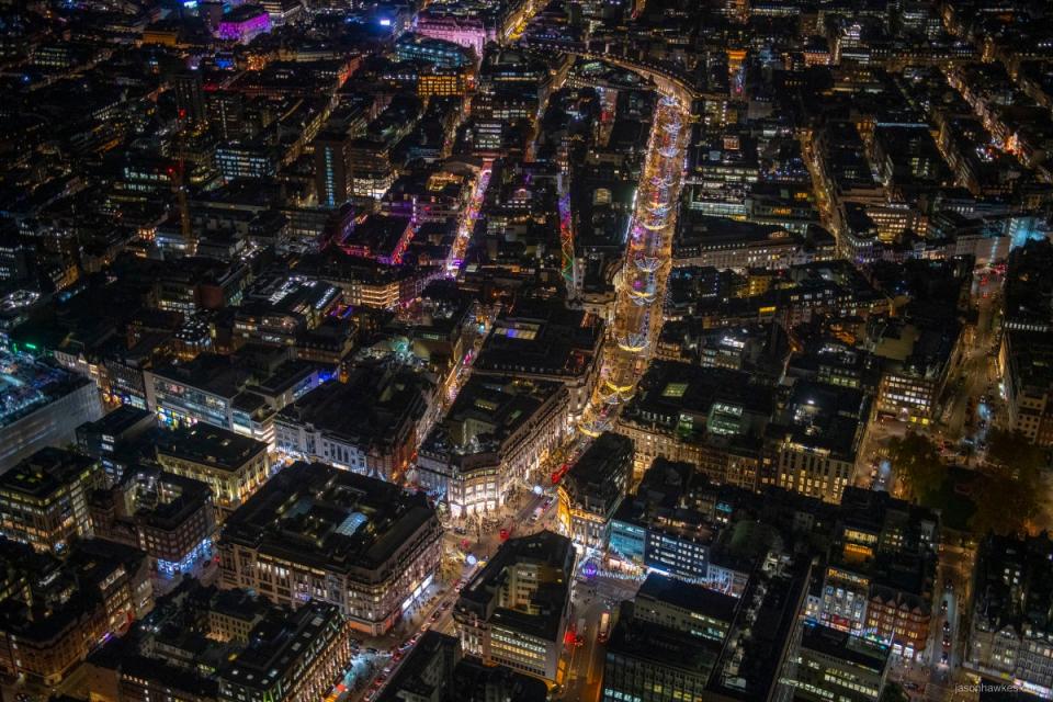 Night aerial view of the Christmas lights on Regent Street (Jason Hawkes)
