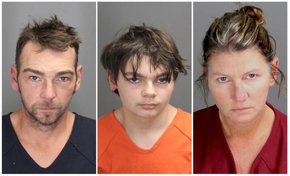 James, Ethan and Jennifer Crumbley pictured in their booking photos (via REUTERS)