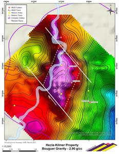 Locations of the drill holes completed by VR in 2020, and those planned for 2021, plotted on the residual gravity map derived from the ground-based survey completed in March, 2020. The white lines delineate the Riedel dilational structural boundaries of the large, internally coherent, 3.5 mGal gravity anomaly. Drilling in 2021 will test the center of the gravity anomaly for the source, and center of the hydrothermal breccia system which produced the high density, copper and REE mineralization intersected in two of the drill holes from 2020.