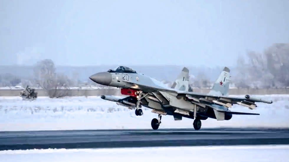 A Russian fighter prepares to take off from an airfield in Russia and fly to Belarus to attend a joint military drills.
