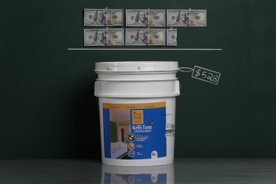 A five-gallon bucket of house paint as photographed with an illustrative price tag of $528 in Caracas