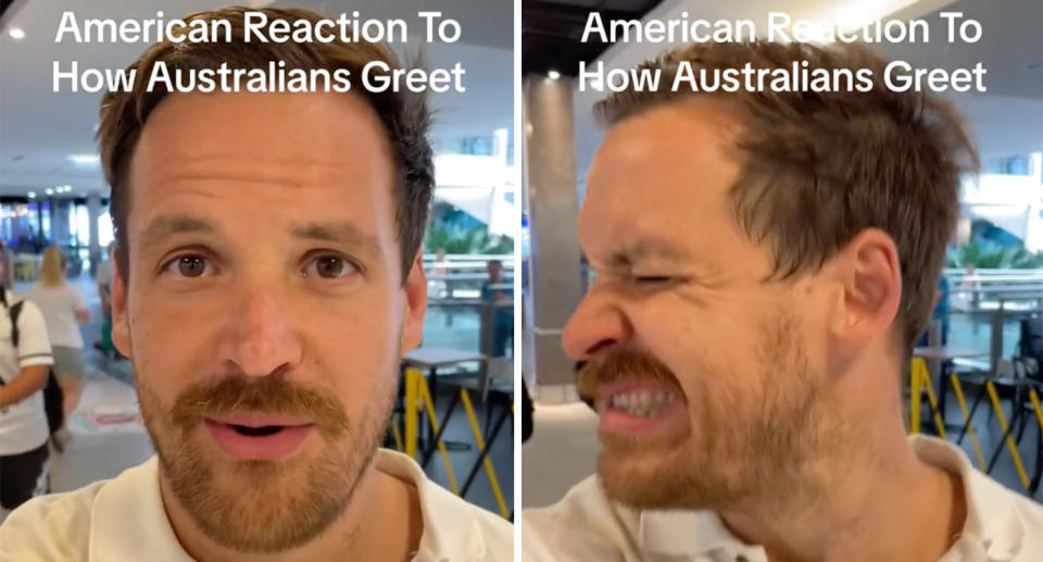 American tourist reacting to Aussie greeting
