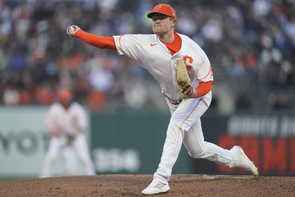 San Francisco Giants' Logan Webb pitches against the Kansas City Royals during the fourth inning of a baseball game in San Francisco, Tuesday, June 14, 2022. (AP Photo/Jeff Chiu)