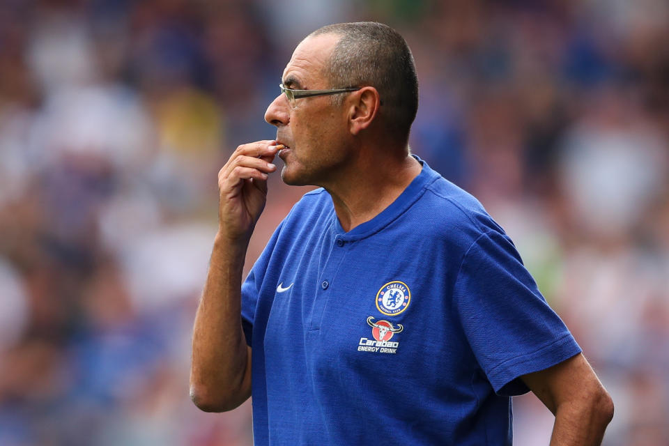 Sarri was spotted chewing on the end of cigarette at Huddersfield’s John Smith’s Stadium.