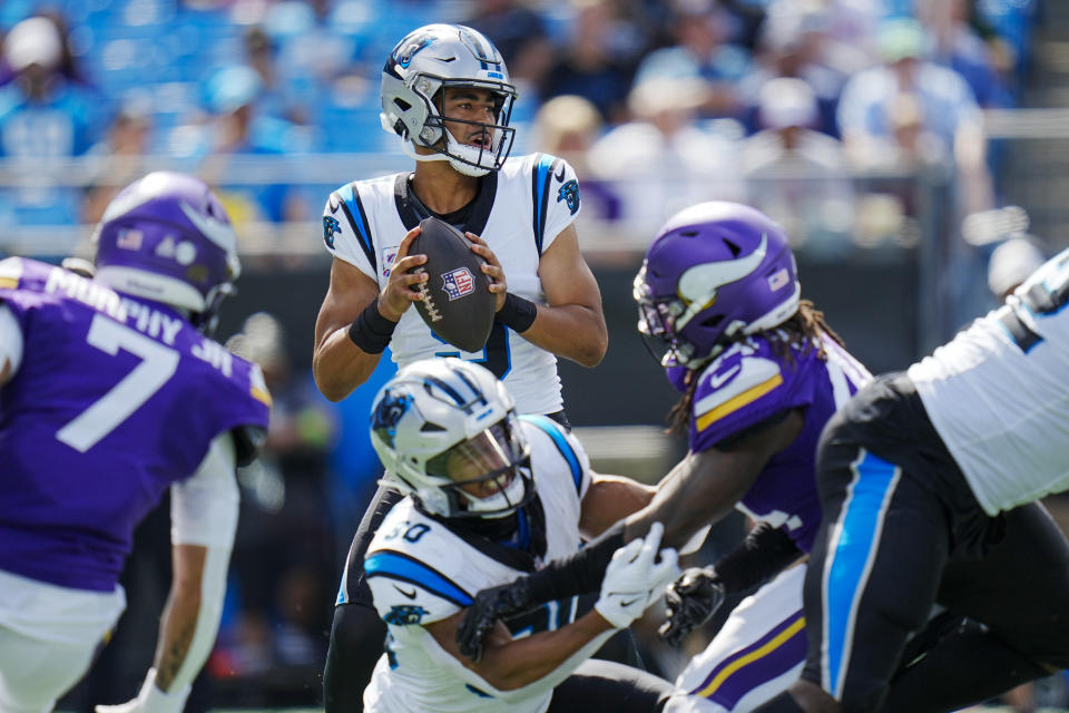 Carolina Panthers quarterback Bryce Young looks to pass against the Minnesota Vikings during the first half of an NFL football game Sunday, Oct. 1, 2023, in Charlotte, N.C. (AP Photo/Rusty Jones)