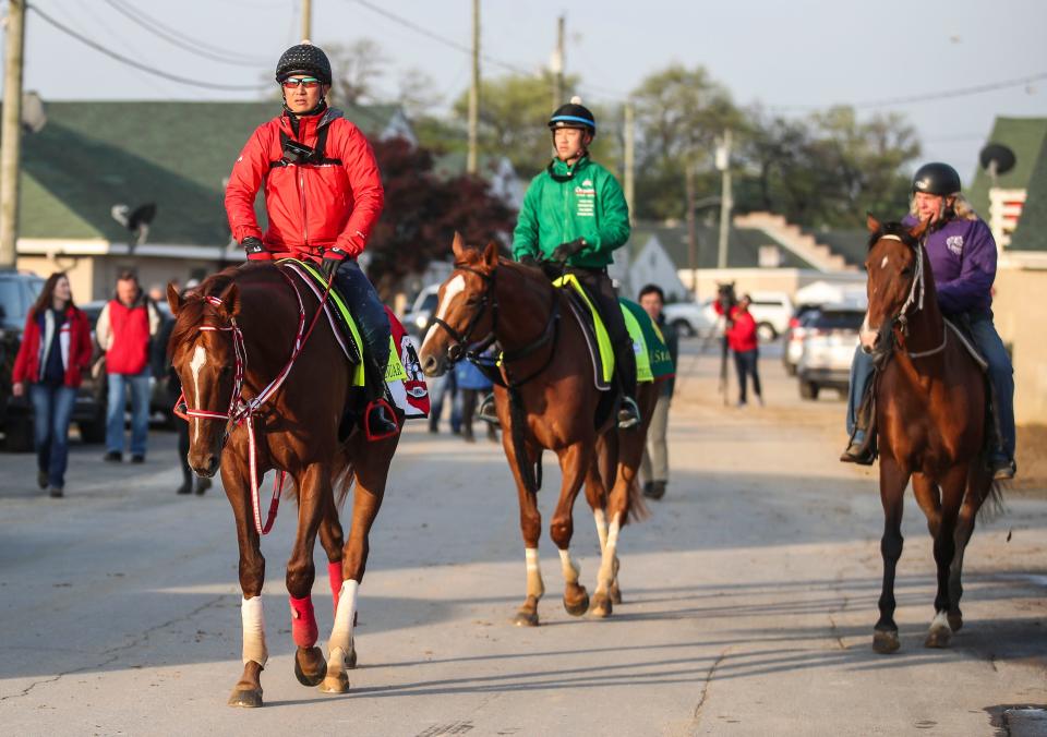 Kentucky Derby contenders Continuar, foreground, and Derma Sotogake of Japan walk back to the quarantine barn after a workout at the track April 25, 2023 at Churchill Downs in Louisville, Ky.