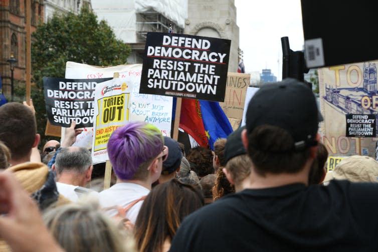 <span class="caption">Prorogation protests in London.</span> <span class="attribution"><a class="link " href="https://www.shutterstock.com/image-photo/london-england-united-kingdom-august-31-1492714883?src=bUG8MmfZI7uQHvXlc-_94Q-2-55" rel="nofollow noopener" target="_blank" data-ylk="slk:Shutterstock/4-life-2-b;elm:context_link;itc:0;sec:content-canvas">Shutterstock/4-life-2-b</a></span>