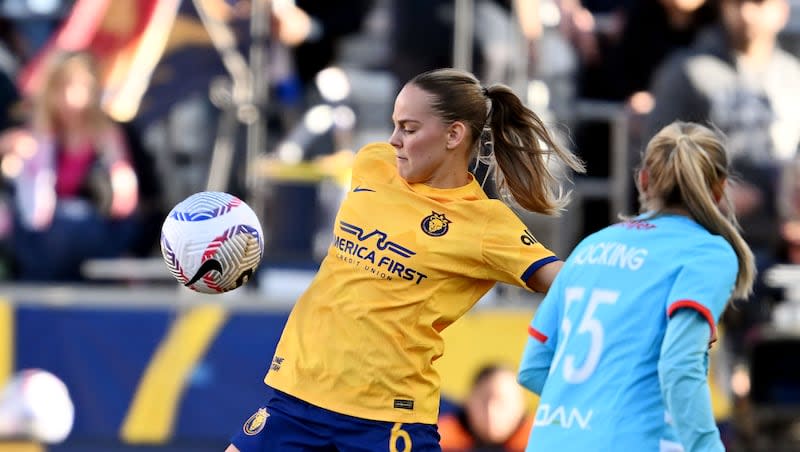 Utah Royals’ Agnes Nyberg stops the ball with her stomach as the Utah Royals and Chicago Red Stars play at America First Field in Sandy on Saturday, March 16, 2024.