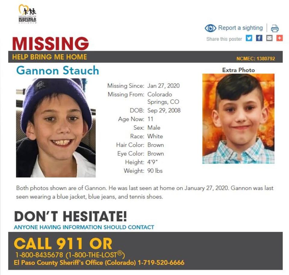 Authorities say Gannon Stauch was killed on 27 January 2020, the same day his stepmother reported him missing (National Center for Missing and Exploited Children)