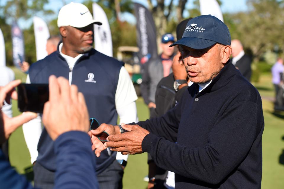 Former Major League Baseball player and Hall of Fame inductee, Reggie Jackson, addresses the crowd Monday, Jan. 31, 2022, before the start of the Mr. October Foundation Celebrity Golf Classic at the Floridian National Golf Club in Palm City. The tournament is a fundraising event for the Mr. October Foundation to benefit underprivileged students through STEM (Science, Technology, Engineering and Mathematics) education. "I am most grateful to the top guys in the world of sports to help me move the ball forward in the underserved communities for education," Jackson said. "It's such an honor that my friends come and take their time to help me help kids." Former athletes in attendance included Joe Namath, Roger Clemens and Jack Nicklaus.