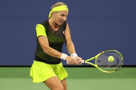 Aug 31, 2017; New York, NY, USA; Svetlana Kuznetsova of Russia hits a backhand against Kurumi Nara of Japan (not pictured) on day four of the U.S. Open tennis tournament at USTA Billie Jean King National Tennis Center. Mandatory Credit: Geoff Burke-USA TODAY Sports - 10250699