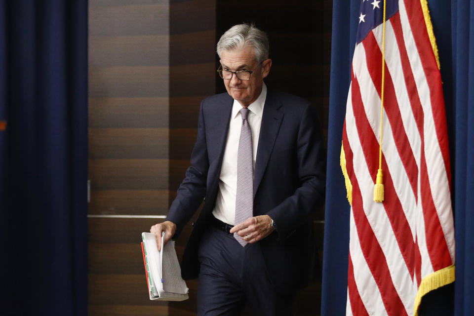 Federal Reserve Board Chair Jerome Powell walks to a podium to speak at a news conference following a two-day meeting of the Federal Open Market Committee, Wednesday, Sept. 18, 2019, in Washington. (AP Photo/Patrick Semansky)