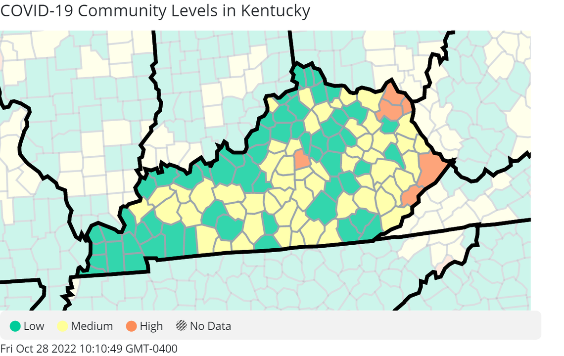 The latest data from the Centers for Disease Control and Prevention, released Thursday, Oct. 27, 2022, shows that 57 Kentucky counties are facing medium COVID-19 Community Levels, more than double the amount from the previous week.