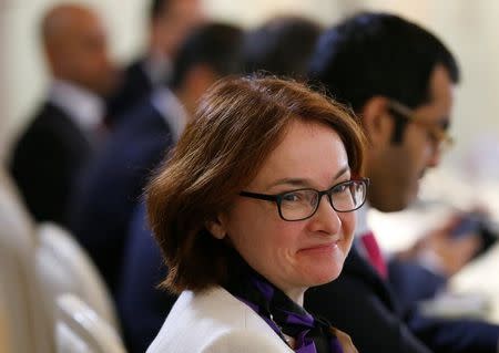 Russian central bank governor Elvira Nabiullina attends a meeting of President Vladimir Putin with members of Russian Direct Investment Fund and foreign investors in St. Petersburg, Russia, June 16, 2016. REUTERS/Grigory Dukor/File Photo