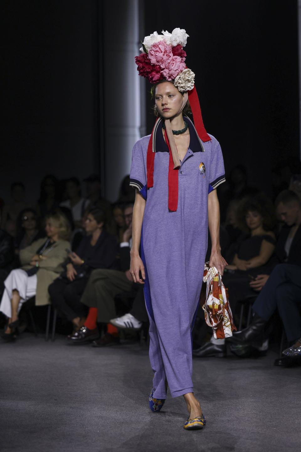 A model wears a creation for the Andreas Kronthaler For Vivienne Westwood Spring/Summer 2024 womenswear fashion collection presented Saturday, Sept. 30, 2023 in Paris. (AP Photo/Vianney Le Caer)