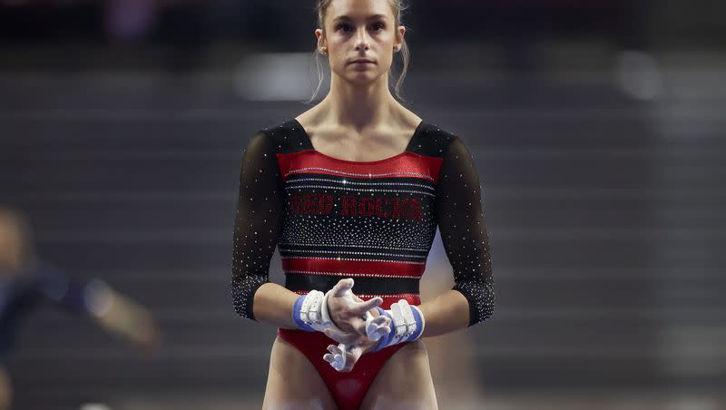 University of Utah’s Grace McCallum concentrates before performing on the bars at the fourth annual Rio Tinto Best of Utah Meet at the Maverik Center in West Valley City on Friday, Jan. 13, 2023.
