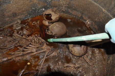The skeletons of family mummies are seen at the site of the newly discovered giant black sarcophagus in Sidi Gaber district of Alexandria, Egypt July 19, 2018 in this handout picture courtesy of the Ministry of Antiquities. The Ministry of Antiquities/Handout via Reuters