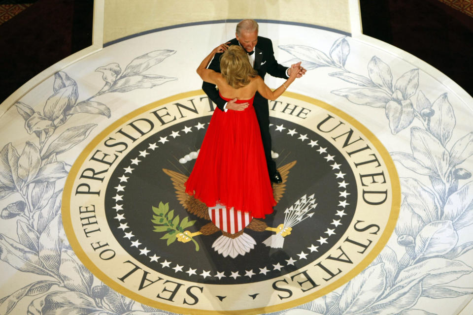 Vice President Joe Biden dances with his wife Jill at the Commander In Chief Ball on inauguration night in Washington, Tuesday, Jan. 20, 2009. (AP Photo/Gerald Herbert)