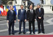 (L-R) Malta PM Joseph Muscat, European President Donald Tusk, France's President Francois Hollande and Italy's PM Paolo Gentiloni ahead of a summit in Rome on March 25, 2017 to mark the 60th anniversary of the bloc's founding Treaty of Rome