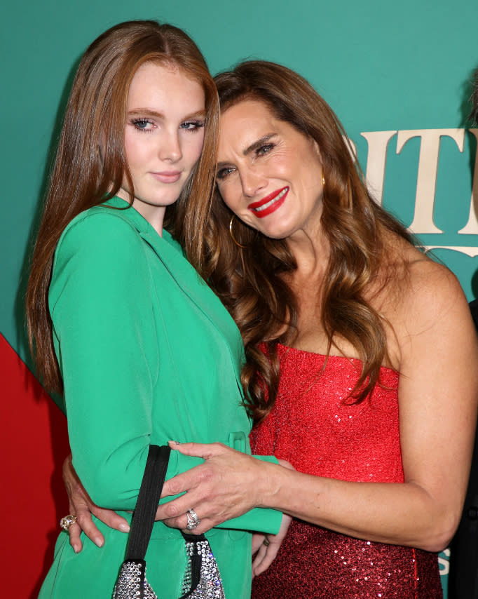 Grier Henchy and Brooke Shields at the Spirited premiere held at the Allice Tully Hall on November 7, 2022 in New York City. 