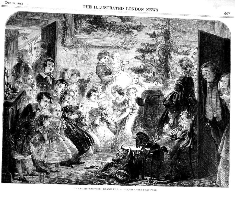 Victorian print from 1858 of a Christmas Tree Family Scene. | London News, Wikimedia Commons