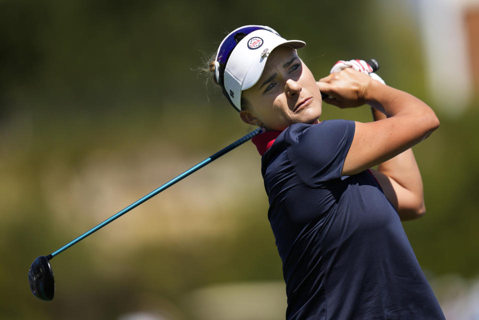 United States' Lexi Thompson plays her tee shot on the 4th hole during her single match at the Solheim Cup golf tournament in Finca Cortesin, near Casares, southern Spain, Sunday, Sept. 24, 2023. Europe play the United States in this biannual women's golf tournament, which played alternately in Europe and the United States. (AP Photo/Bernat Armangue)