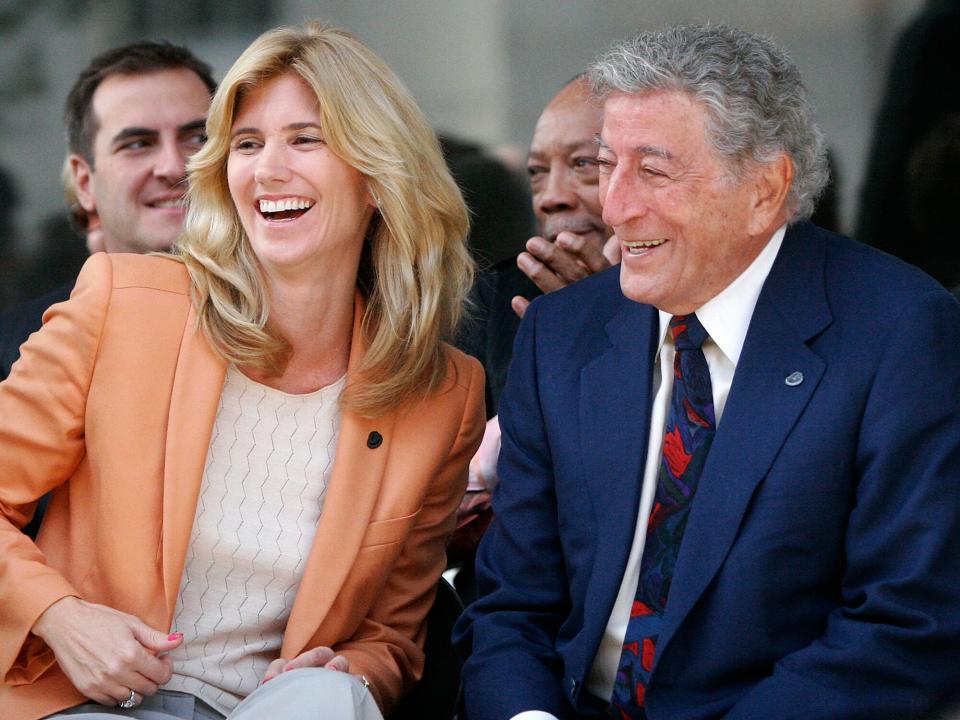 Susan Benedetto, (L) and singer/FSSA founder Tony Bennett (R) attend the ribbon cutting for the Frank Sinatra School of the Arts on September 21, 2009 in New York City