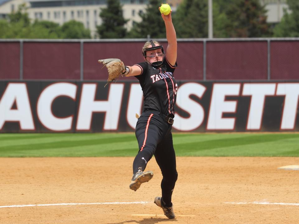 Taunton's Sam Lincoln throws a pitch during the 2023 MIAA Division I Softball championship game against Central Catholic.