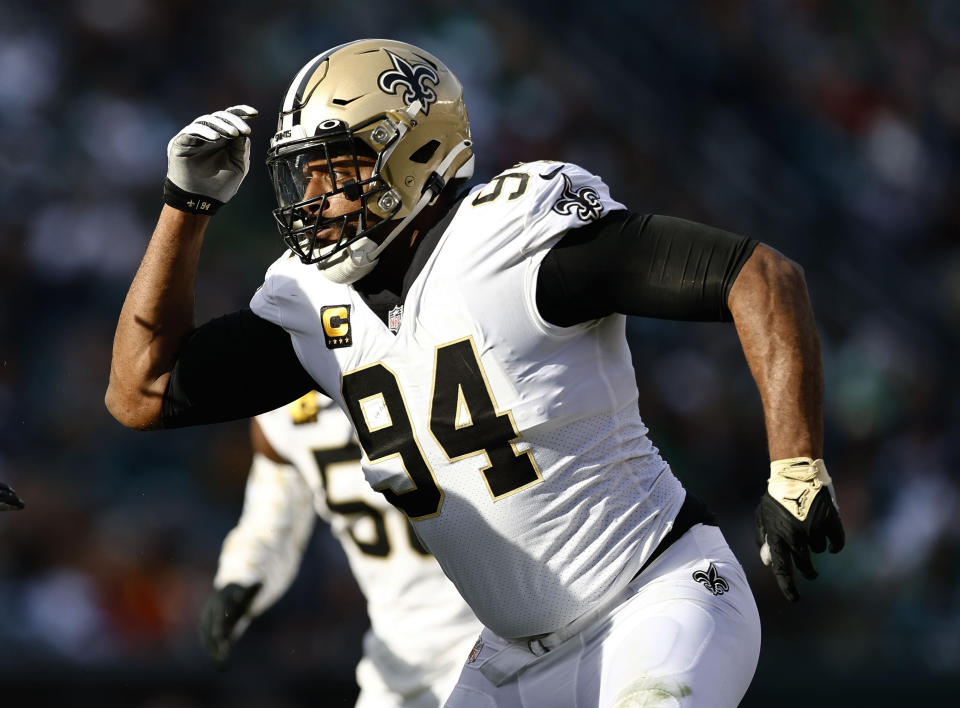 FILE - New Orleans Saints defensive end Cameron Jordan runs against the Philadelphia Eagles during an NFL football game Jan. 1, 2023, in Philadelphia. The Saints have signed veteran receiver James Washington and have been in talks with franchise all-time sack leader Jordan about a multi-year extension. (AP Photo/Rich Schultz, File)