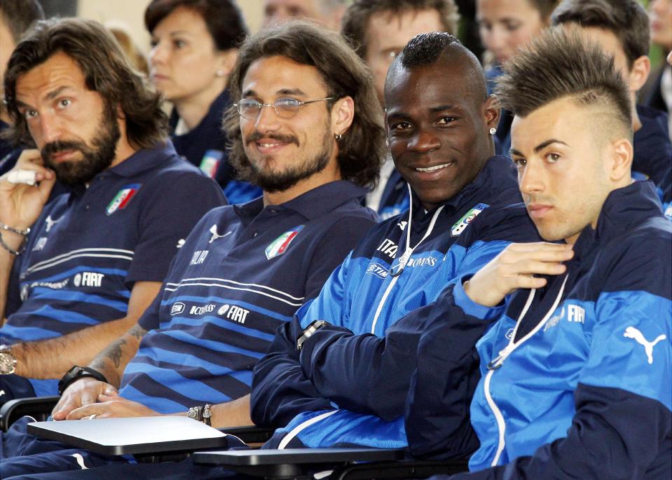 Italy's players, from left, Andrea Pirlo, Osvaldo, Mario Balotelli, and Stephan El Shaarawy attend a press conference by Italy coach Cesare Prandelli at the national team's Coverciano training complex in Florence, Italy, Tuesday, April 15, 2014, where 42 players were called up for World Cup fitness tests. (AP Photo/Fabrizio Giovannozzi)