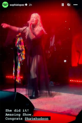 <p>sophie lopez/instagram</p> Kate Hudson performs "Talk About Love" in a sheer black dress