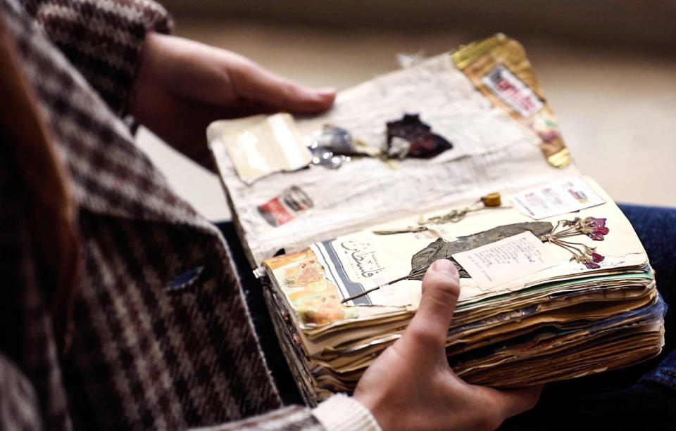 The diary features keepsakes collected from the rubble in Gaza. (NBC News)
