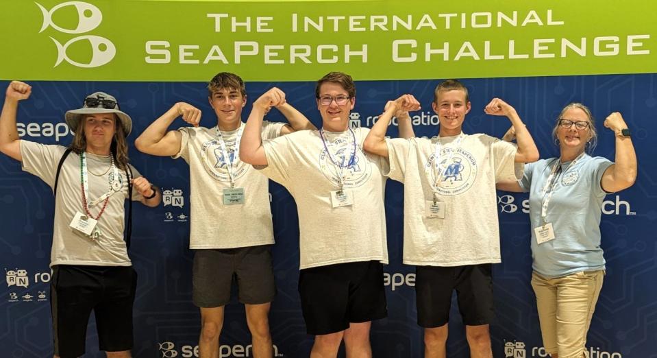 Pictured, from left to right, are Nicko DeVitto, Jaren Settles, Brian Ferree, Robert McDonald and Coach Ginny Krauss, one of three teams to represent Clinton Community Schools at the 2024 International Underwater Robotics Competition held June 1 and hosted by the University of Maryland.