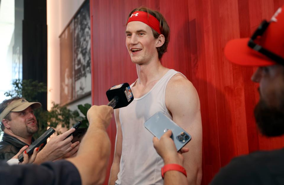 Utah Runnin’ Utes center Branden Carlson talks to media before practice at the Jon M. and Karen Huntsman Basketball Facility in Salt Lake City on Tuesday, Sept. 26, 2023. | Kristin Murphy, Deseret News