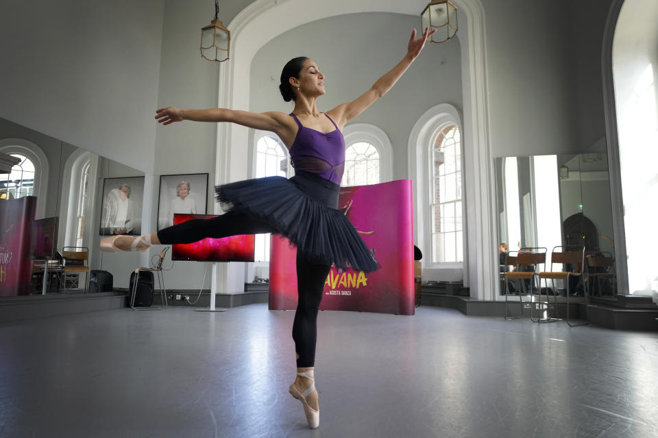 Principal dancer Laura Rodríguez performs at a presentation for media about the brand-new production 'Nutcracker in Havana' at the Carlos Acosta Dance Studios in London, Monday, March 4, 2024. Nutcracker in Havana will have its world premiere on Nov. 1, 2024 at Norwich Theatre Royal, before embarking on a UK tour including a week at London's Southbank Centre in Dec. 2024, with further venues to be announced. (AP Photo/Kirsty Wigglesworth)