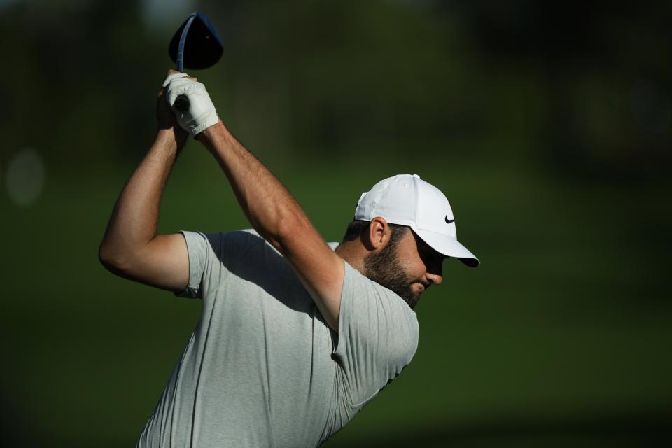 Scottie Scheffler hits his tee shot on the 17th hole during the first round at the Masters golf tournament at Augusta National Golf Club Thursday, April 11, 2024, in Augusta, Ga. (AP Photo/Matt Slocum)